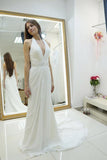 Anneprom Sheath Halter Backless Sweep Train Wedding Dress With Beading APW0085
