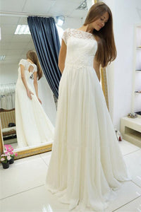 Anneprom A-Line Bateau Sweep Train Cap Sleeves Wedding Dress With Lace APW0086