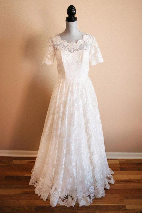 Anneprom Boat Neck Short Sleeve Vintage Lace Floor Length Ivory Wedding Dresses APW0087