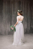 Anneprom Spaghetti Straps Low Back Grey Tulle Wedding Dresses With Lace Applique APW0088