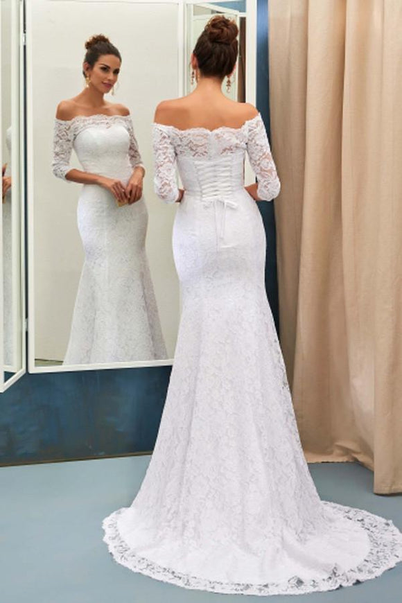 Anneprom Off-The-Shoulder 3/4-Length Sleeves Lace-Up Mermaid Wedding Dress APW0094