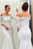 Anneprom Off-The-Shoulder 3/4-Length Sleeves Lace-Up Mermaid Wedding Dress APW0094