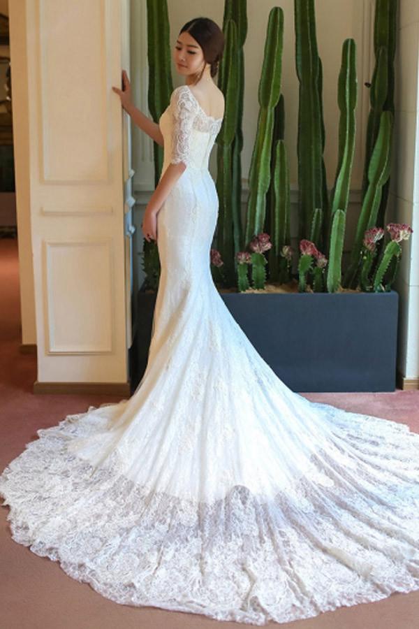 half sleeve mermaid wedding dress Anneprom Off-The-Shoulder Half Sleeve Mermaid Court Lace Ivory Wedding