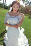 Anneprom Off-The-Shoulder Half Sleeve Mermaid Court Lace Ivory Wedding Dress APW0095