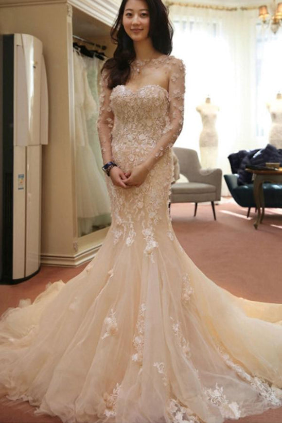 Anneprom Designer Open Back Sheer Flowers Long Sleeve Mermaid Wedding Dress APW0103