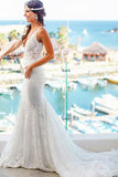 Anneprom Mermaid Lace V-Neck Court Train Beach Wedding Dress APW0110