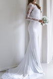 Anneprom Elegant Lace Long Sleeves Mermaid White Long Wedding Dress With Train APW0113