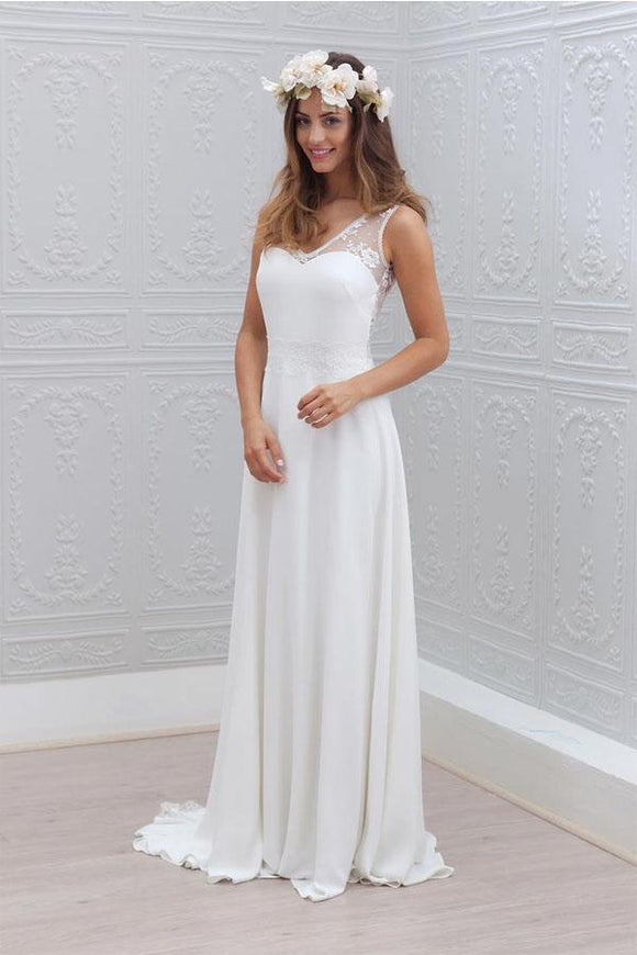 Anneprom Elegant Bowknot Chiffon V-Neck Lace Sleeveless White Wedding Dress APW0117