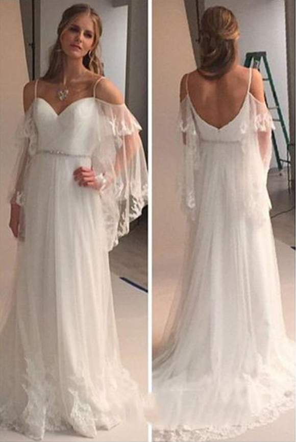 Anneprom Elegant Cold Shoulders Hippie A Line Tulle Long Sweep Train Wedding Dress APW0119