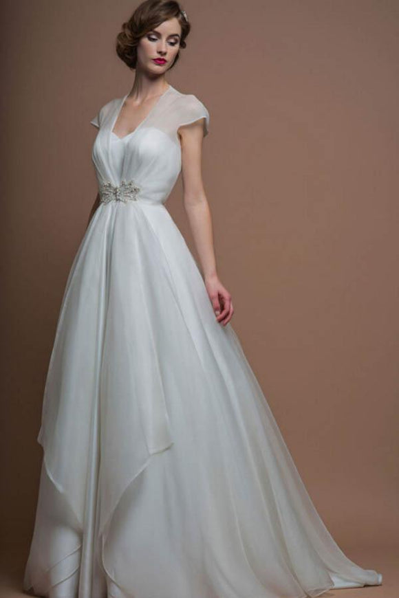 Anneprom Cap Sleeves V Neck A-Line Long Organza Wedding Dresses With Beading APW0131