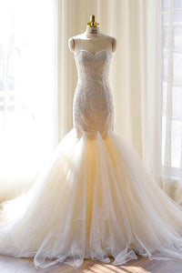 Anneprom Tulle Mermaid Gorgeous Lace-Appliques Sweetheart Wedding Dress APW0132
