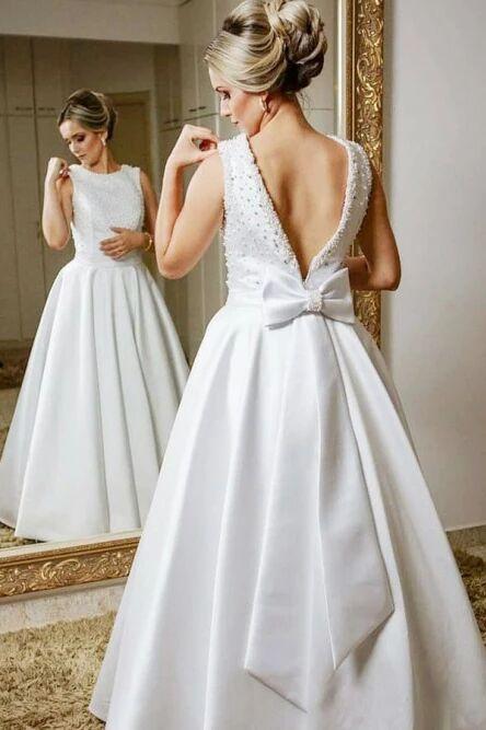Anneprom A-Line Jewel V Back Floor-Length Satin Wedding Dress with Beading Bowknot APW0146  