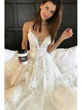 Anneprom V Neck Spaghetti Straps Appliques Court Train Tulle Wedding Dress APW0159