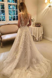 Anneprom A-Line Vintage Rustic Wedding Dresses V Neck Beaded Lace Bridal Gown APW0160