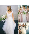 Anneprom V-Neck Lace Tulle Cap Sleeve A-Line Wedding Dress APW0166