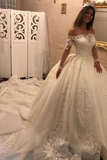 Anneprom Off The Shoulder Long Sleeves Appliques Ball Gown Wedding Dress APW0168  