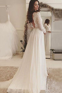 Anneprom V-Neck Long Sleeves Backless Ivory Chiffon Wedding Dress With Lace APW0173