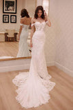 Anneprom Off Shoulder Court Train Chiffon Wedding Dress With Lace Appliques APW0182