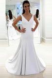 Anneprom Mermaid Deep V-Neck Sweep Trian White Satin Backless Wedding Dress APW0183