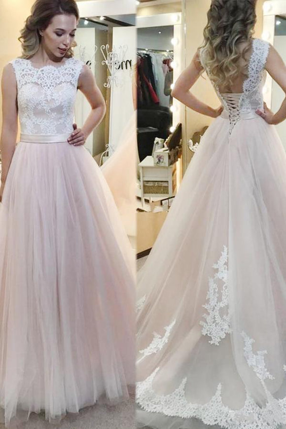 Anneprom A-Line Tulle Sweep Train Wedding Dress With Lace Applique APW0187