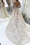 Anneprom A-Line Illusion Bateau Long Sleeves Backless Ivory Lace Wedding Dress APW0199