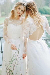 Anneprom A-Line Round Neck Open Back Tulle Wedding Dress With Lace Sleeves APW0200