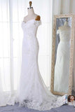 Anneprom Mermaid Off-The-Shoulder Sweep Train White Lace Wedding Dress With Appliques APW0202