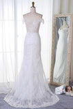 Anneprom Mermaid Off-The-Shoulder Sweep Train White Lace Wedding Dress With Appliques APW0202