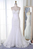 Anneprom Mermaid Sweetheart Sweep Train White Tulle Wedding Dress With Appliques APW0203