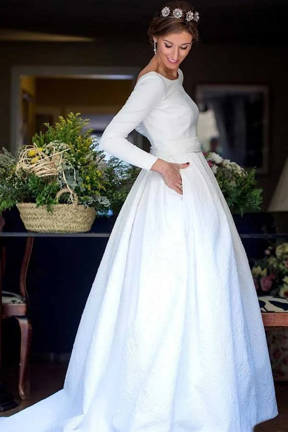 Anneprom A-Line Round Neck Backless Satin Wedding Dress With Sleeves APW0206