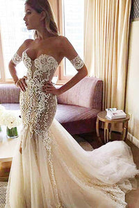 Anneprom Sweetheart Watteau Train Mermaid Wedding Dress With White Lace APW0209