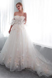 Anneprom Tulle Off-The-Shoulder Neckline A-Line Wedding Dress With Lace Appliques APW0218