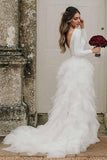 Anneprom A-Line Round Neck Court Train Tulle Wedding Dress With Long Sleeves APW0222