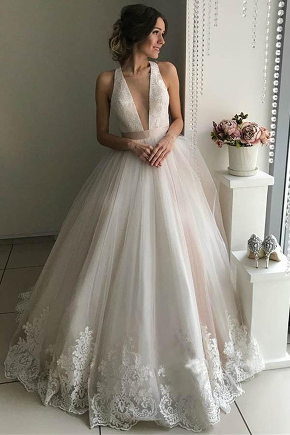 Anneprom Gorgeous V-Neck Sleeveless Tulle Wedding Dresses Bridal Gowns APW0223