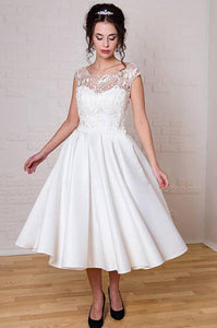 Anneprom Chic Tea Length Wedding Dresses A-line Scoop Applique Unique Wedding Dress APW0235