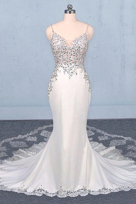 Anneprom Mermaid Spaghetti Straps Beading Wedding Dress, Elegant Appliques Bridal Dresses APW0237