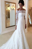Anneprom Long Sleeves Lace A-line Boat Neckline Ivory Long Bridal Dress Wedding Dresses APW0244