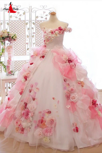 Anneprom Lace Pink 3D Flowers, Ball Gown, Organza Beaded O Neck wedding dress APW0251