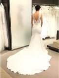 Anneprom Mermaid V-Neck Backless Court Train Ivory Wedding Dress with Lace APW0257