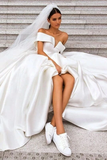 Anneprom Off the Shoulder White Ball Gown Simple Wedding Dress, Satin Bridal Gown APW0258