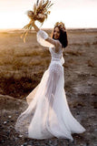 Anneprom A-Line V-Neck Long Sleeves Beach Wedding Dress with Appliques APW0259