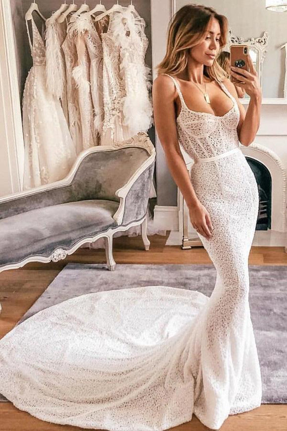 Anneprom Mermaid Spaghetti Straps Lace Wedding Dress Bridal Gown APW0261