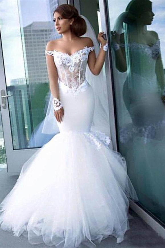 Anneprom Mermaid Off the Shoulder Sheer Long Sleeve Wedding Dresses Sexy Bride Gowns APW0265