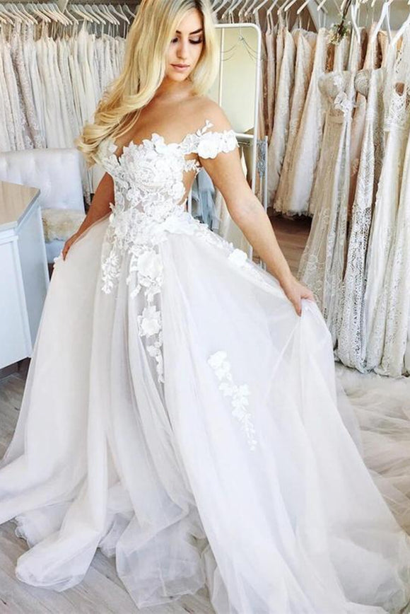 Anneprom White Off-the-Shoulder See Through Chiffon Wedding Gowns Cap Sleeve Lace Bridal Dress APW0268