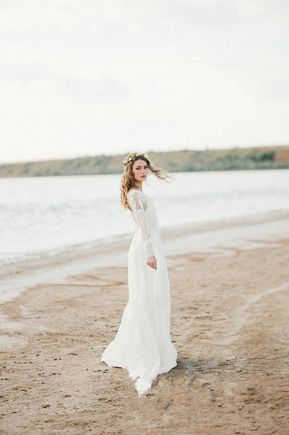 Anneprom See Through Scoop Beach Lace Wedding Dresses Long Sleeve Romantic Boho Wedding Dress Bridal Gowns APW0270