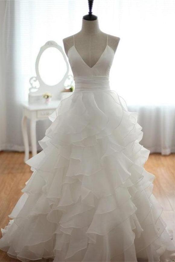 Anneprom Elegant Spaghetti Straps Long V-neck White Backless Wedding Dresses APW0273