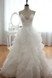 Anneprom Elegant Spaghetti Straps Long V-neck White Backless Wedding Dresses APW0273