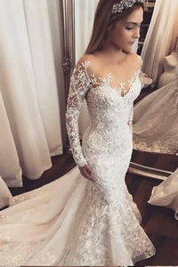 Anneprom Trumpet/Mermaid Ivory Lace Wedding Dress Sweep/Brush Train Scoop Long Sleeve Wedding Dress APW0280