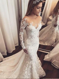 Anneprom Trumpet/Mermaid Ivory Lace Wedding Dress Sweep/Brush Train Scoop Long Sleeve Wedding Dress APW0280