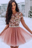 Anneprom A Line Blush Pink Long Sleeve Homecoming Dresses 3D Flowers Beaded Short Prom Dresses APW0282